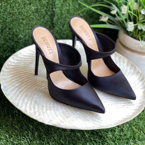 Black Satin Mule Pumps - Picture 2 of 5